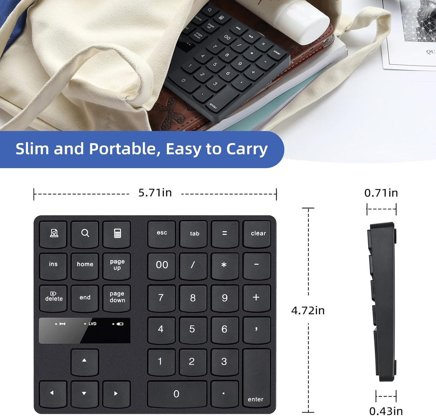 Wireless numeric keyboard, 2.4G rechargeable ultra quiet external numeric keyboard