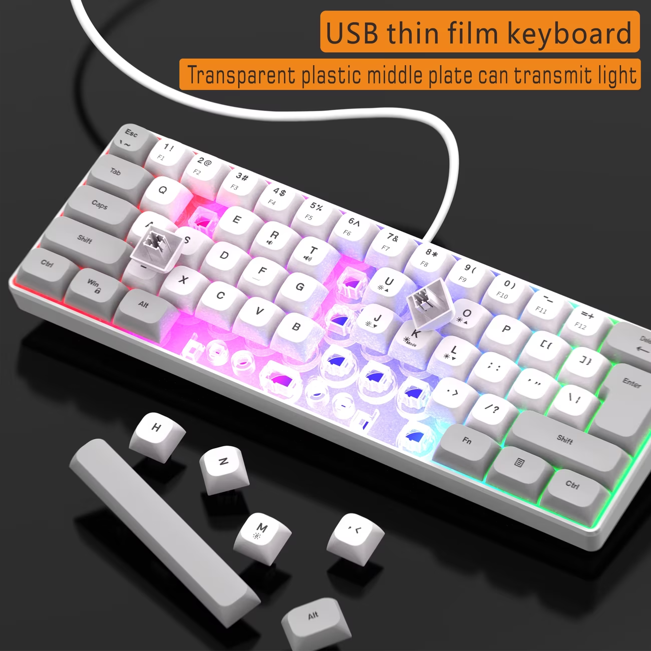 White gaming wired RGB backlit keyboard, gray USB computer PC laptop integrated keyboard