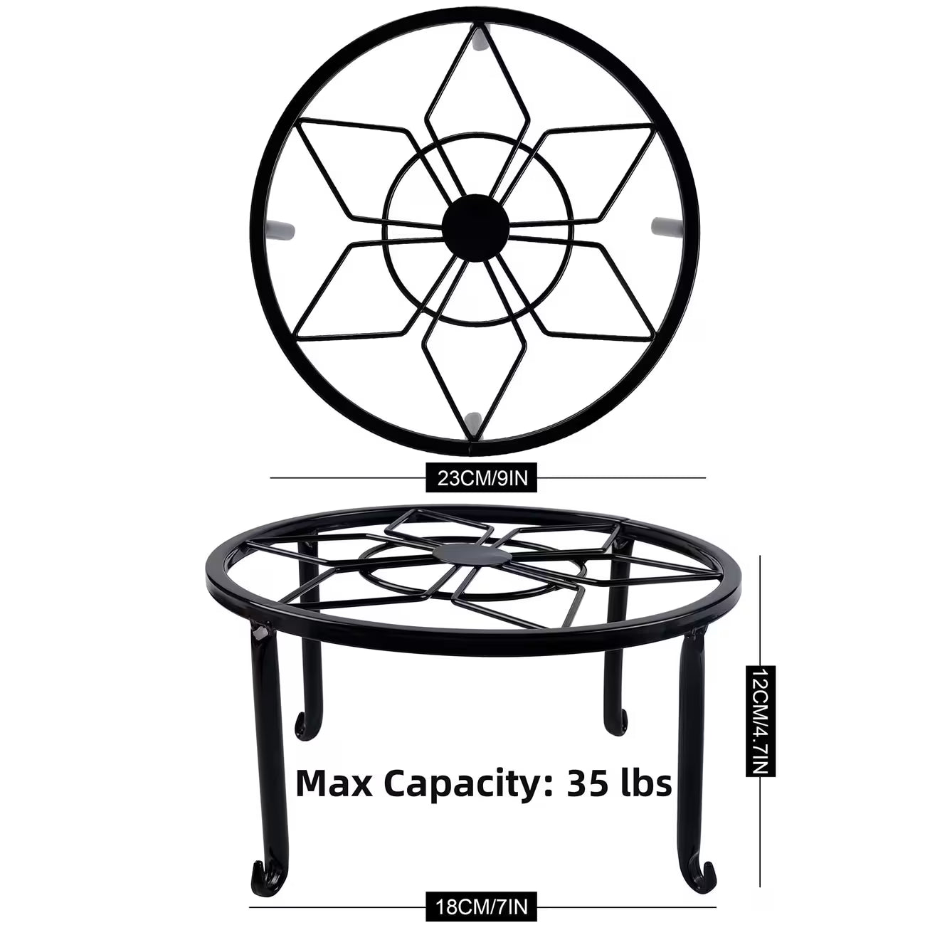 Sturdy black wrought iron stand, suitable for indoor and outdoor use.