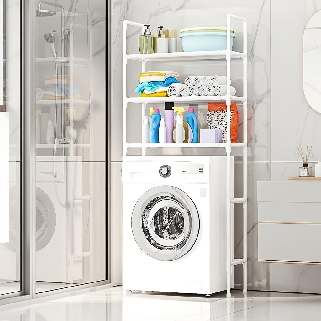 Four-tier bathroom shelf with metal frame and adjustable top shelf.