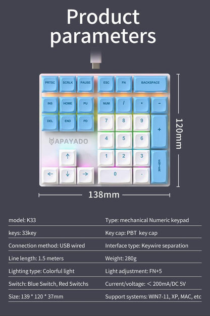 Mechanical numeric keyboard, 33 key mini hot swappable numeric keyboard, wired USB numeric keyboard