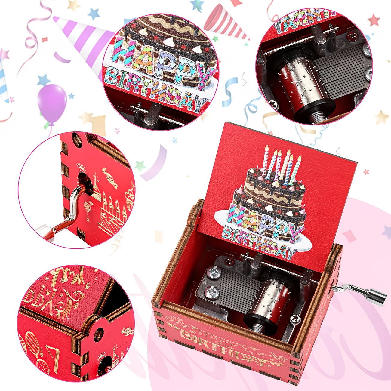 "Happy Birthday" Vintage Hand-Crank Wooden Music Box (Lullaby Melody)