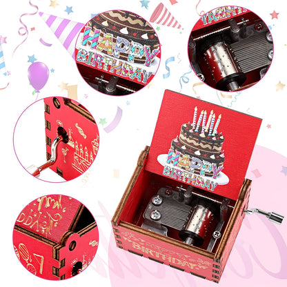 "Happy Birthday" Vintage Hand-Crank Wooden Music Box (Lullaby Melody)