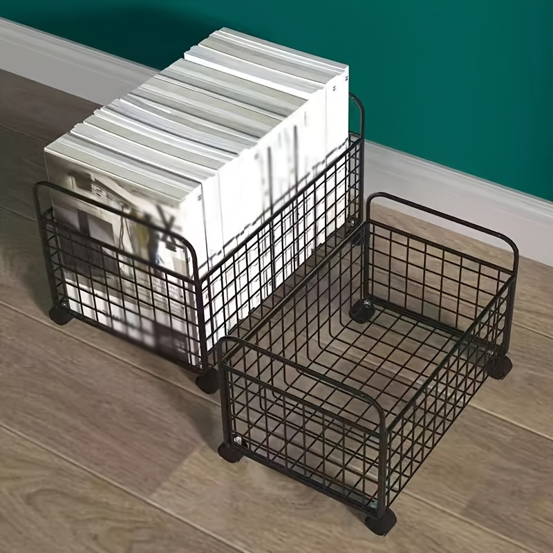 Durable metal bookshelf with mesh magazine basket and wheels; stackable.