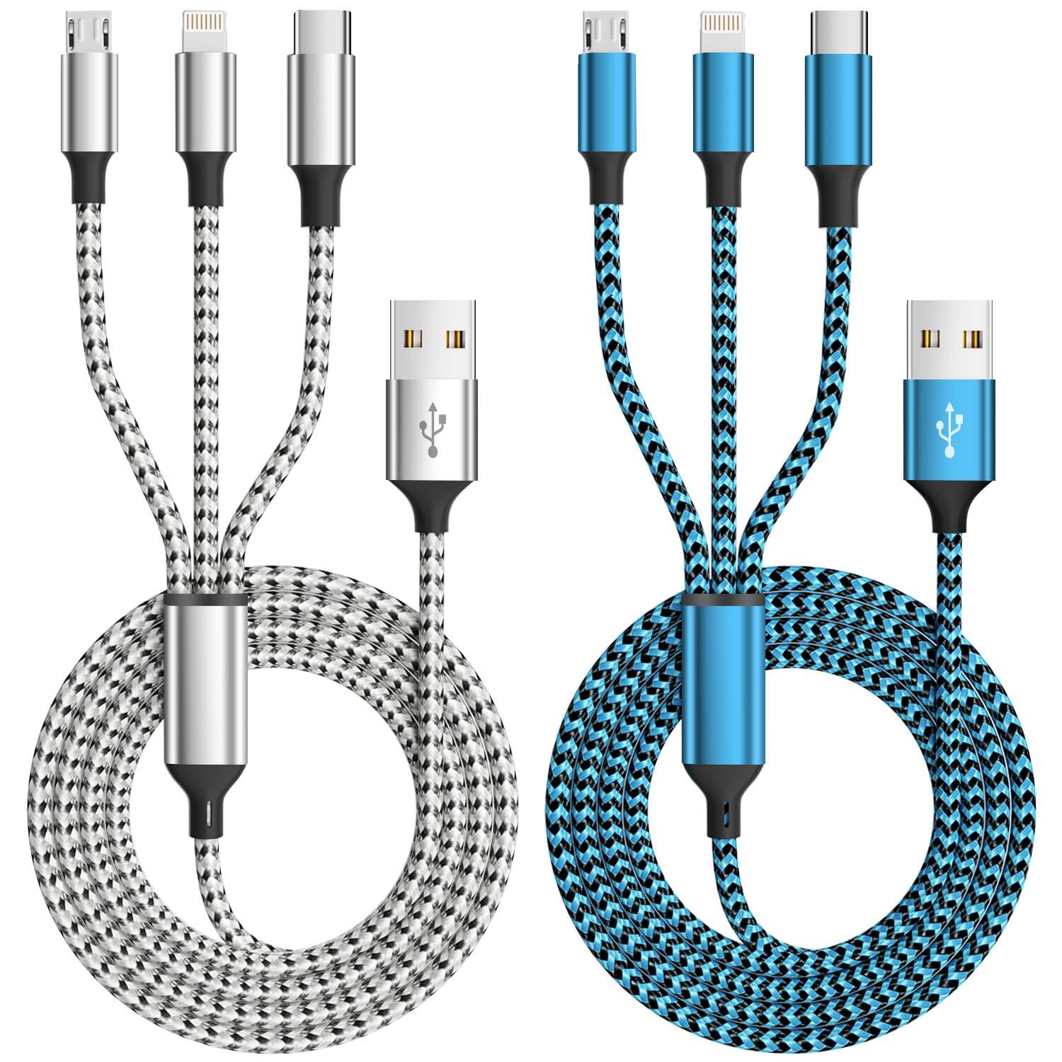 Multi functional charging cable, (2 packs of 4FT) 3-in-1 charging cable, suitable for various devices, nylon braided