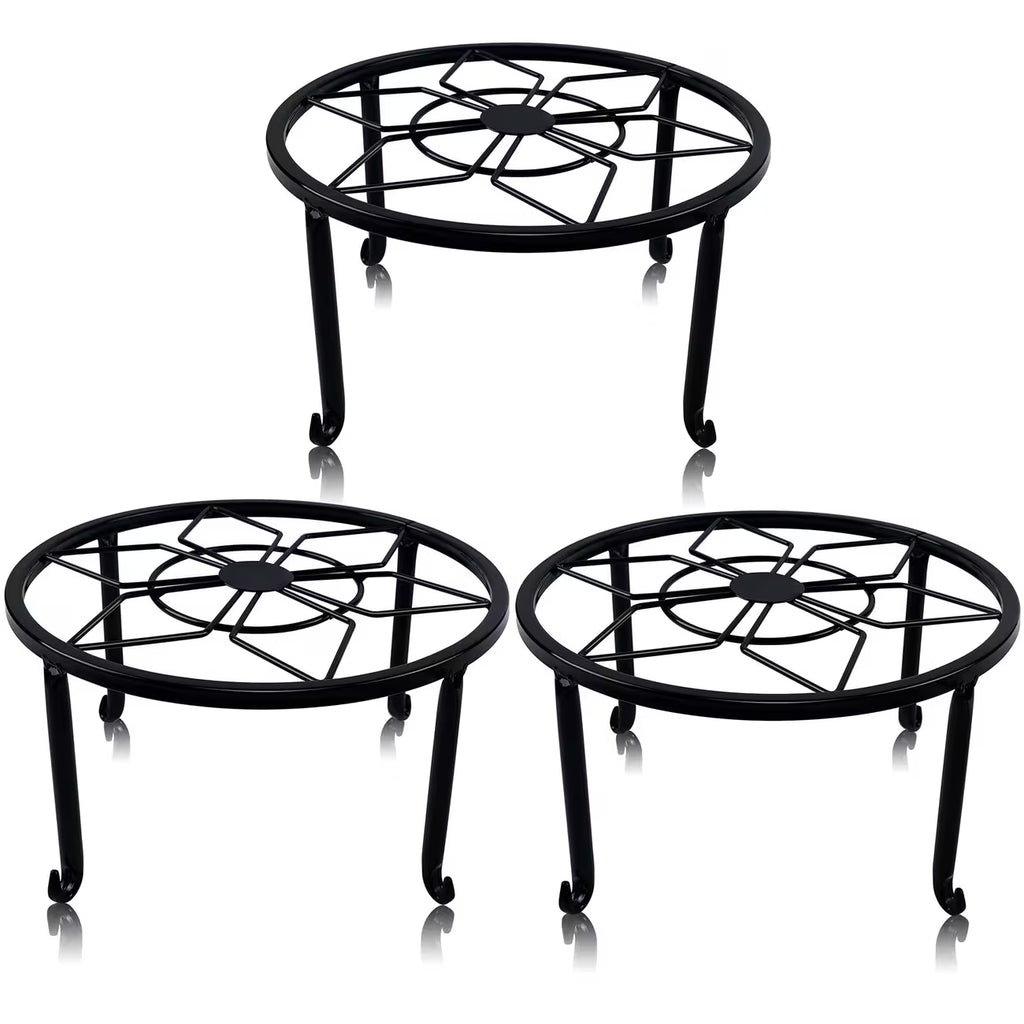 Sturdy black wrought iron stand, suitable for indoor and outdoor use.