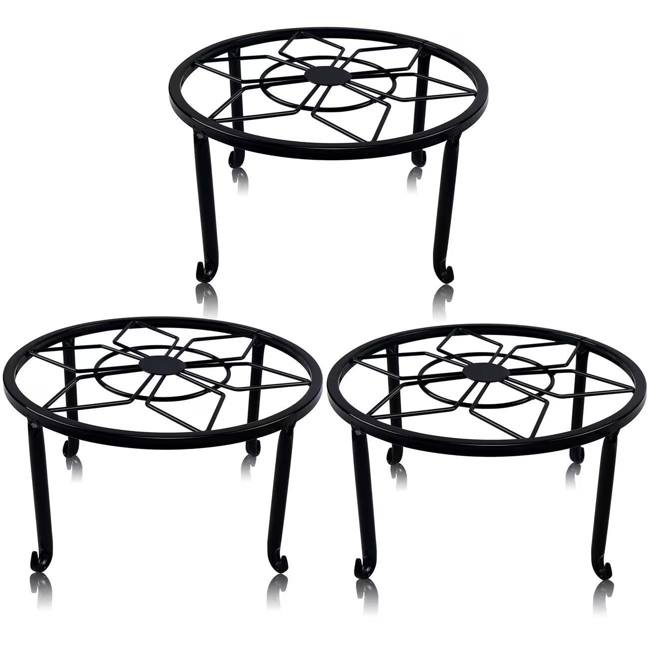 Sturdy black wrought iron stand, suitable for indoor and outdoor use.