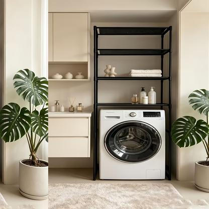 Freestanding double-layer bathroom shelf, no drilling required, saving space.