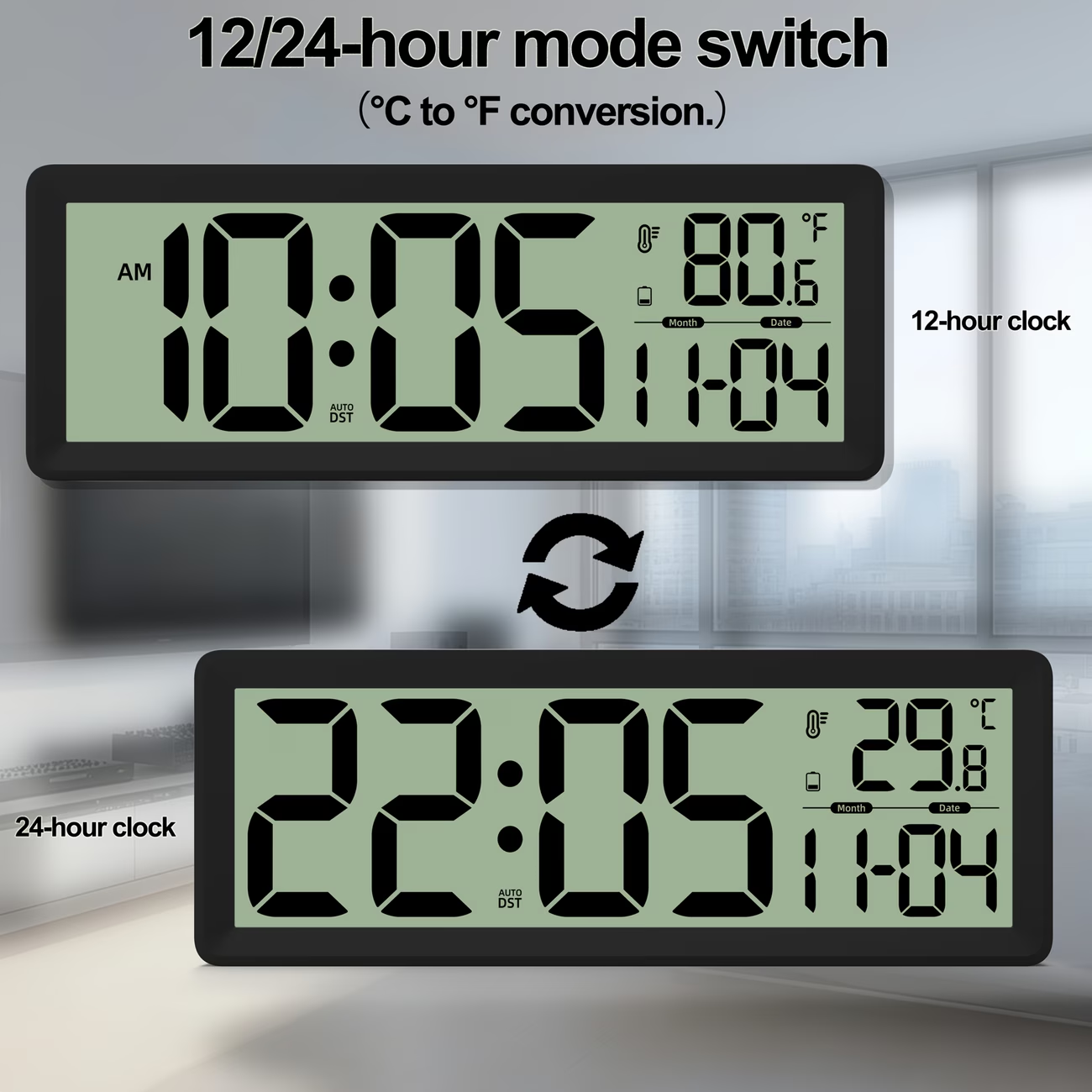 Large digital wall clock with temperature, date, and daylight saving time display