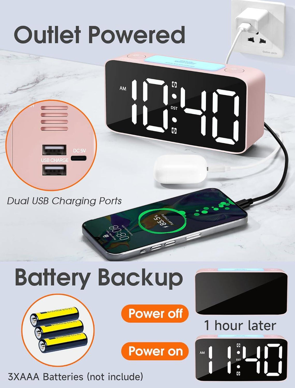 Digital clock with night light, adjustable volume, USB charger, small bedside clock for the bedroom
