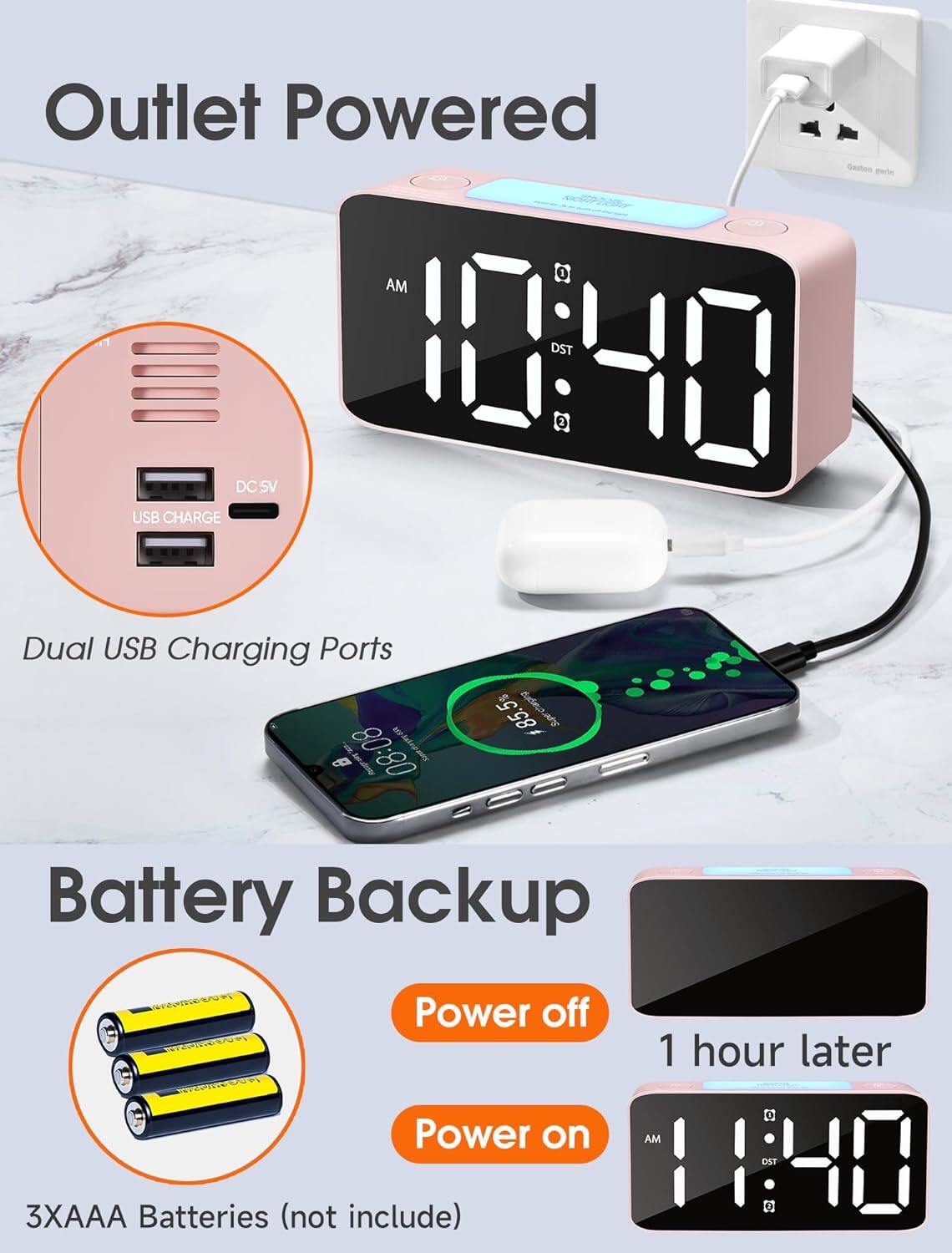 Digital clock with night light, adjustable volume, USB charger, small bedside clock for the bedroom