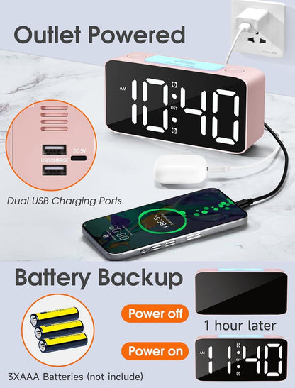 Digital clock with night light, adjustable volume, USB charger, small bedside clock for the bedroom