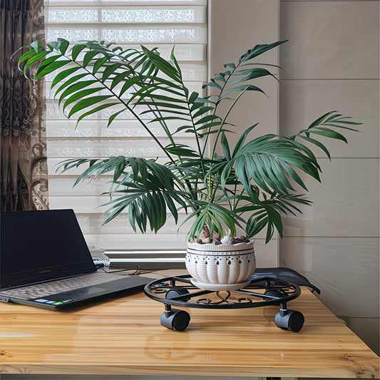 Multifunctional black wrought iron plant stand with wheels