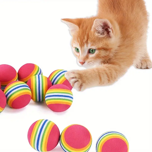 10 brightly colored rainbow striped foam balls