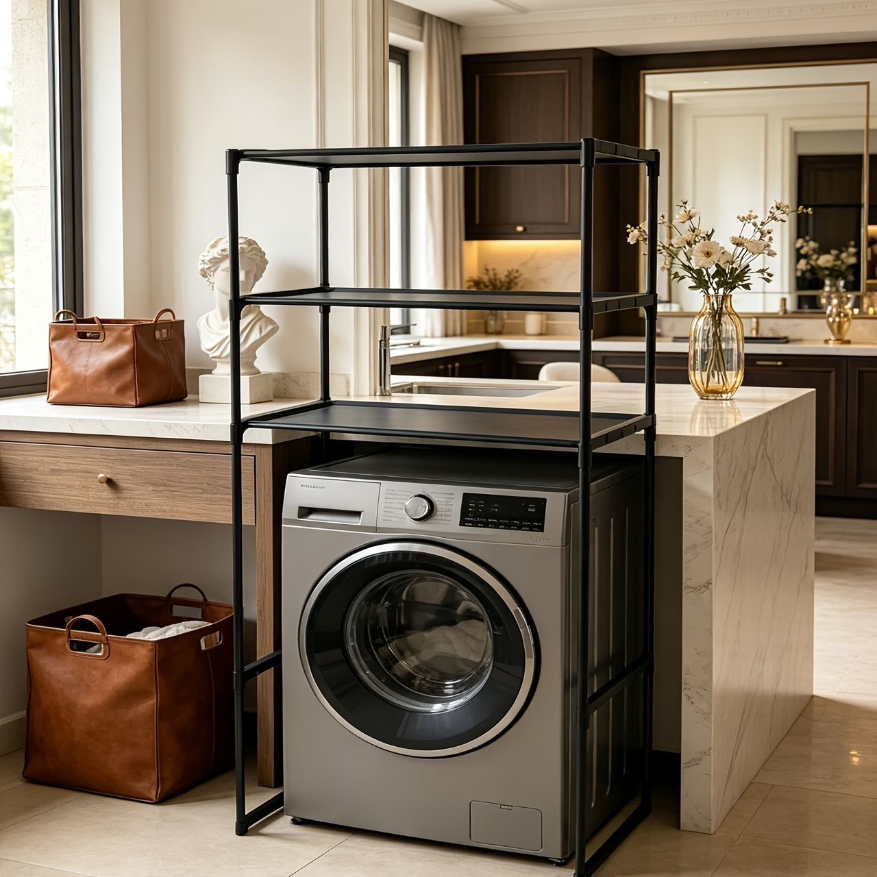 Freestanding double-layer bathroom shelf, no drilling required, saving space.