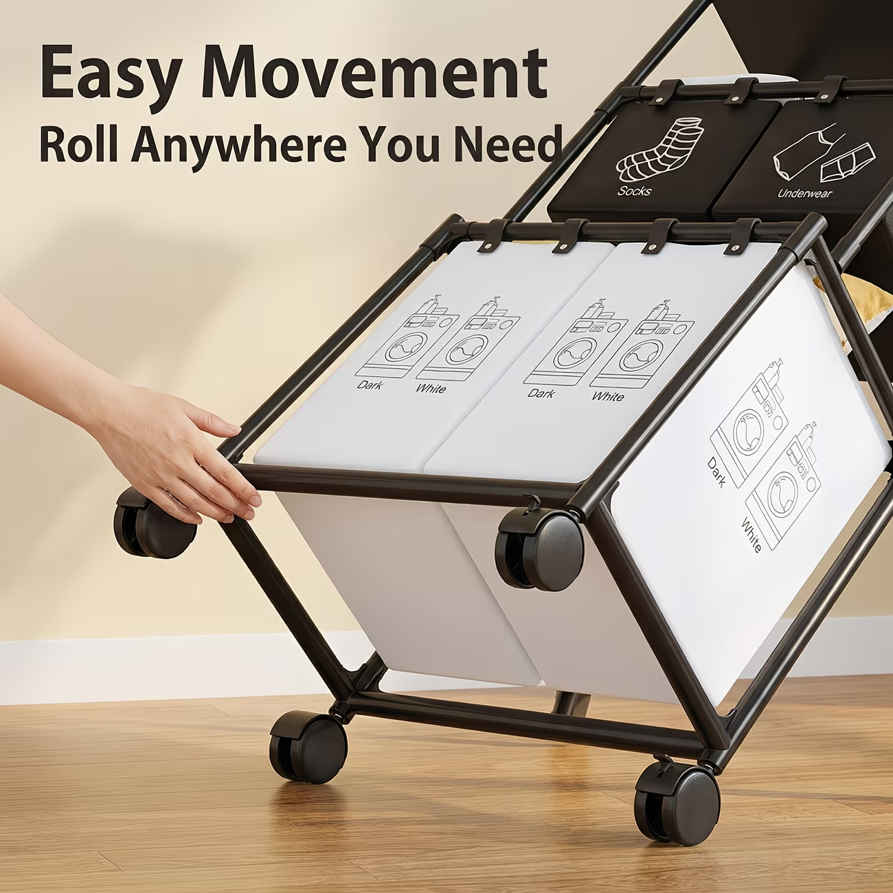 Wheeled storage rack, metal frame, dimensions 22.44 x 17.32 x 50.39 inches.