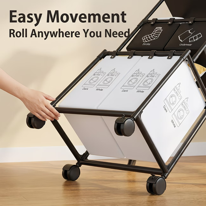Wheeled storage rack, metal frame, dimensions 22.44 x 17.32 x 50.39 inches.