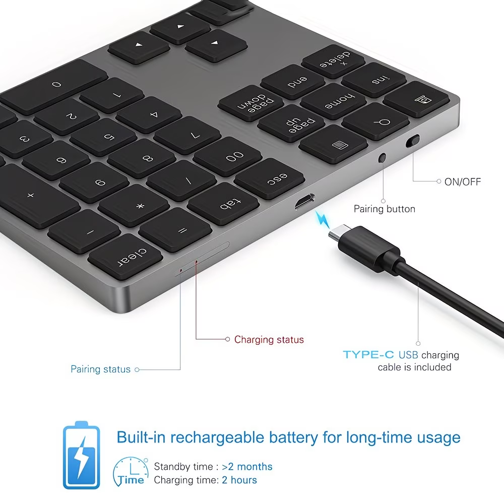 Rechargeable wireless numeric keyboard, portable wireless office computer keyboard