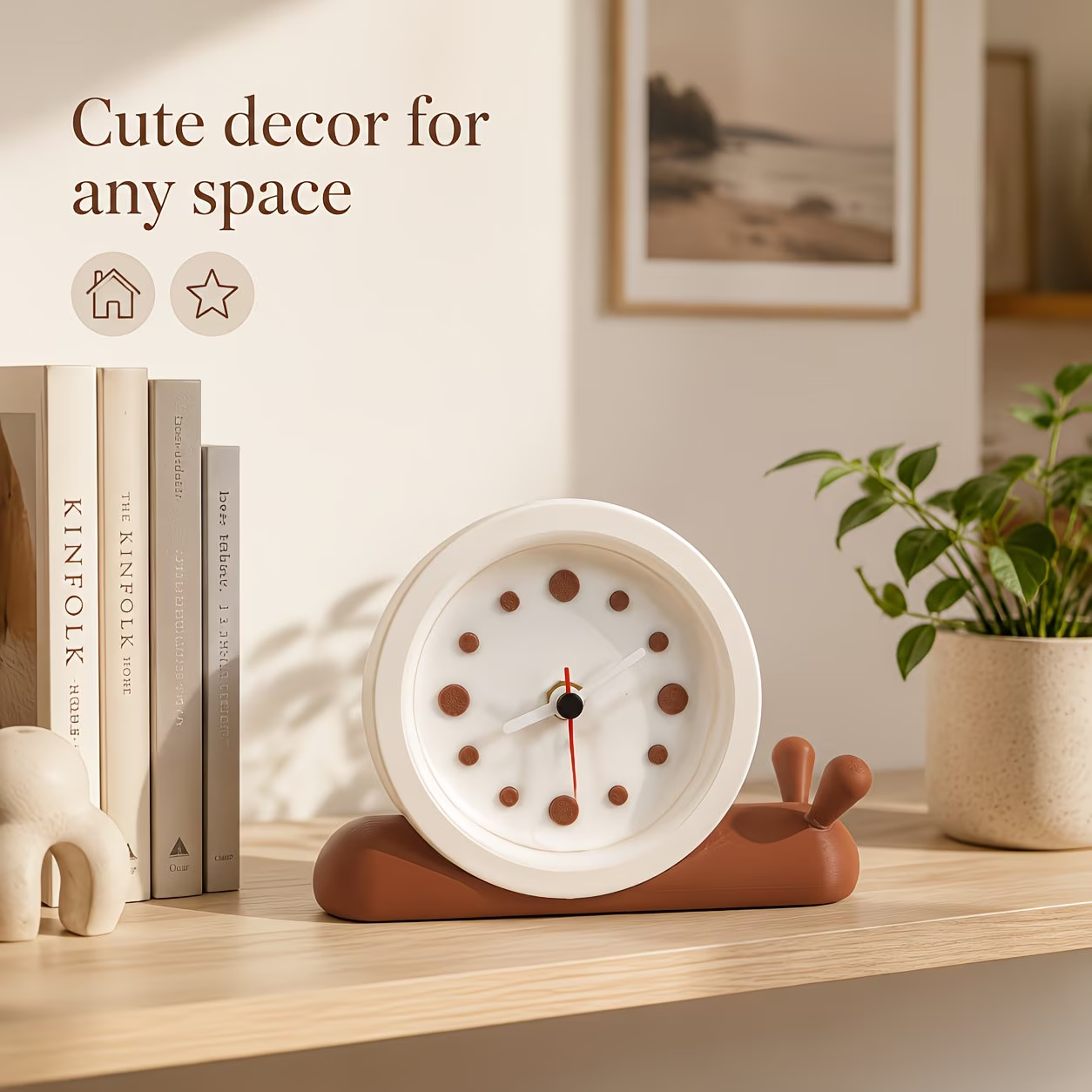 Cute snail design, desktop alarm clock, beautiful room decoration, compact desk clock, silent without ticking, battery powered