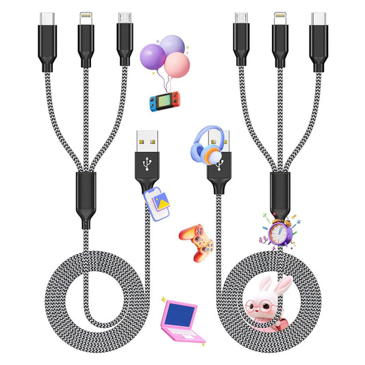 Multi functional charging cable, (2 packs of 4FT) 3-in-1 charging cable, suitable for various devices, nylon braided