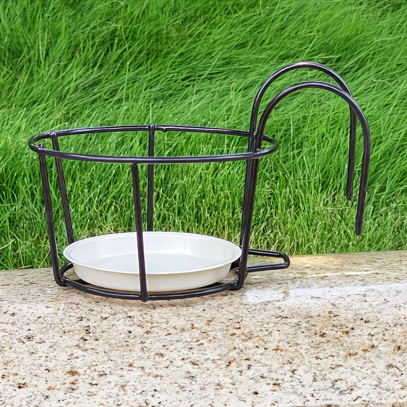 Black Wrought Iron Plant Stand — Balcony Railing Hanging Planter Rack Set