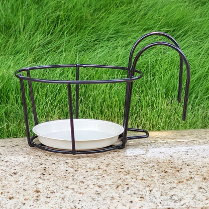 Black Wrought Iron Plant Stand — Balcony Railing Hanging Planter Rack Set