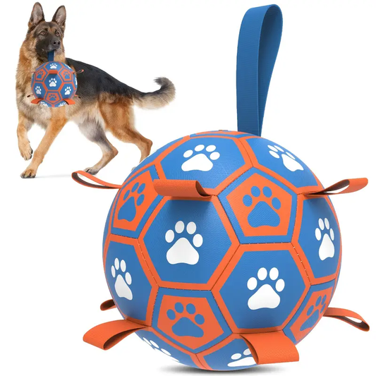 Large, thickened rubber dog soccer ball with tug-of-war straps and inflation tube.