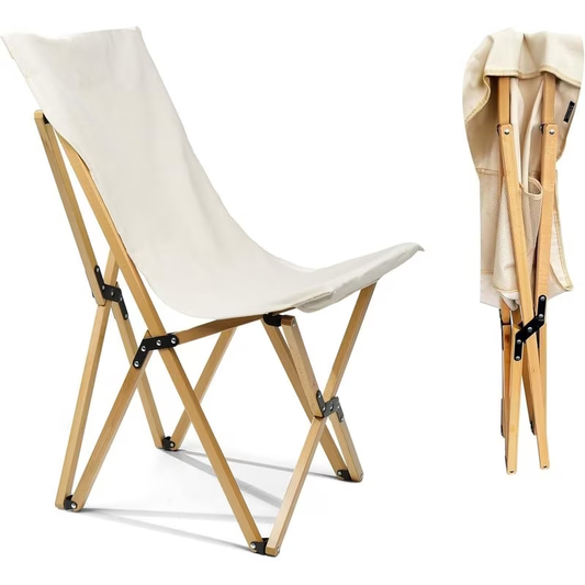 Folding butterfly chair, beige beechwood and canvas, 150 kg weight capacity.