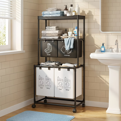 Wheeled storage rack, metal frame, dimensions 22.44 x 17.32 x 50.39 inches.