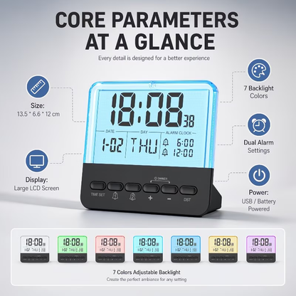 Multi functional digital alarm clock with large backlit display, dual alarm settings, clock, date, day of the week, and daylight saving time adjustment
