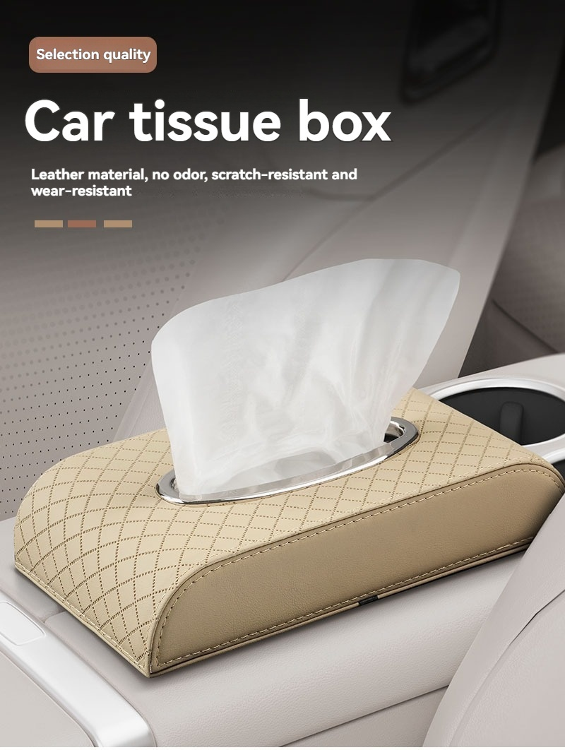 Heavy-duty PU leather car tissue box organizer - Beige/Gold