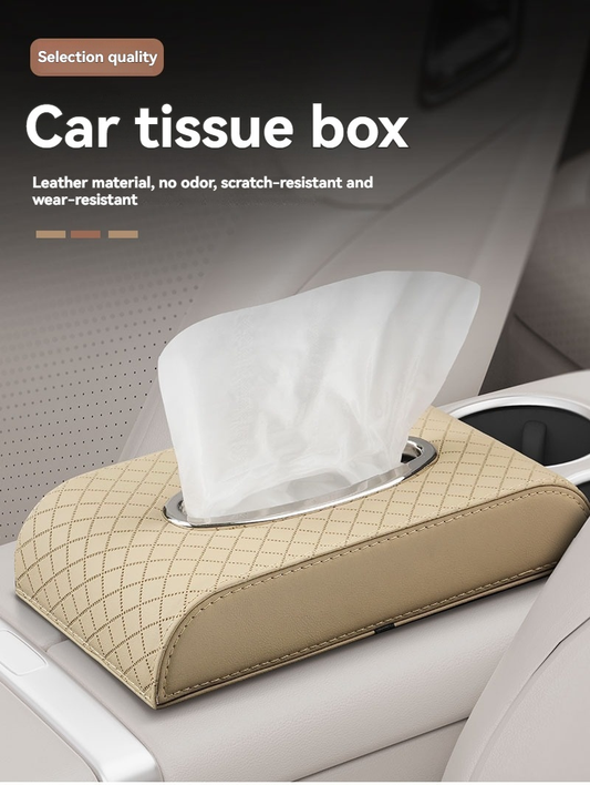 Heavy-duty PU leather car tissue box organizer - Beige/Gold