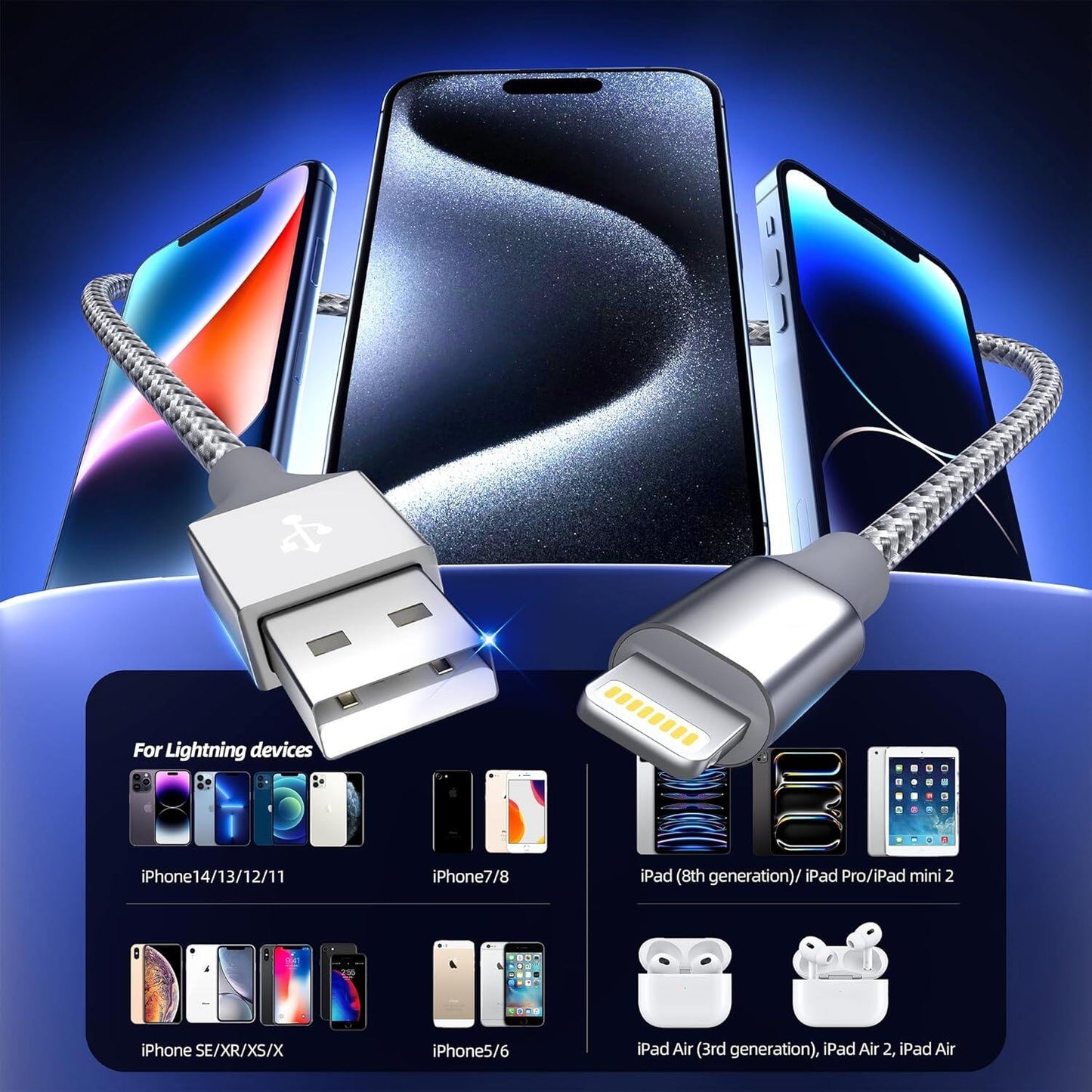 IPhone charger 3 packs 10FT lightning cable for fast charging and high-speed data synchronization
