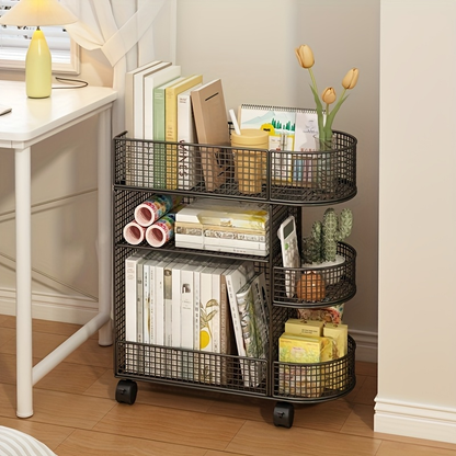 Three-tier metal bookshelf with casters - a space-saving under-desk storage organizer.