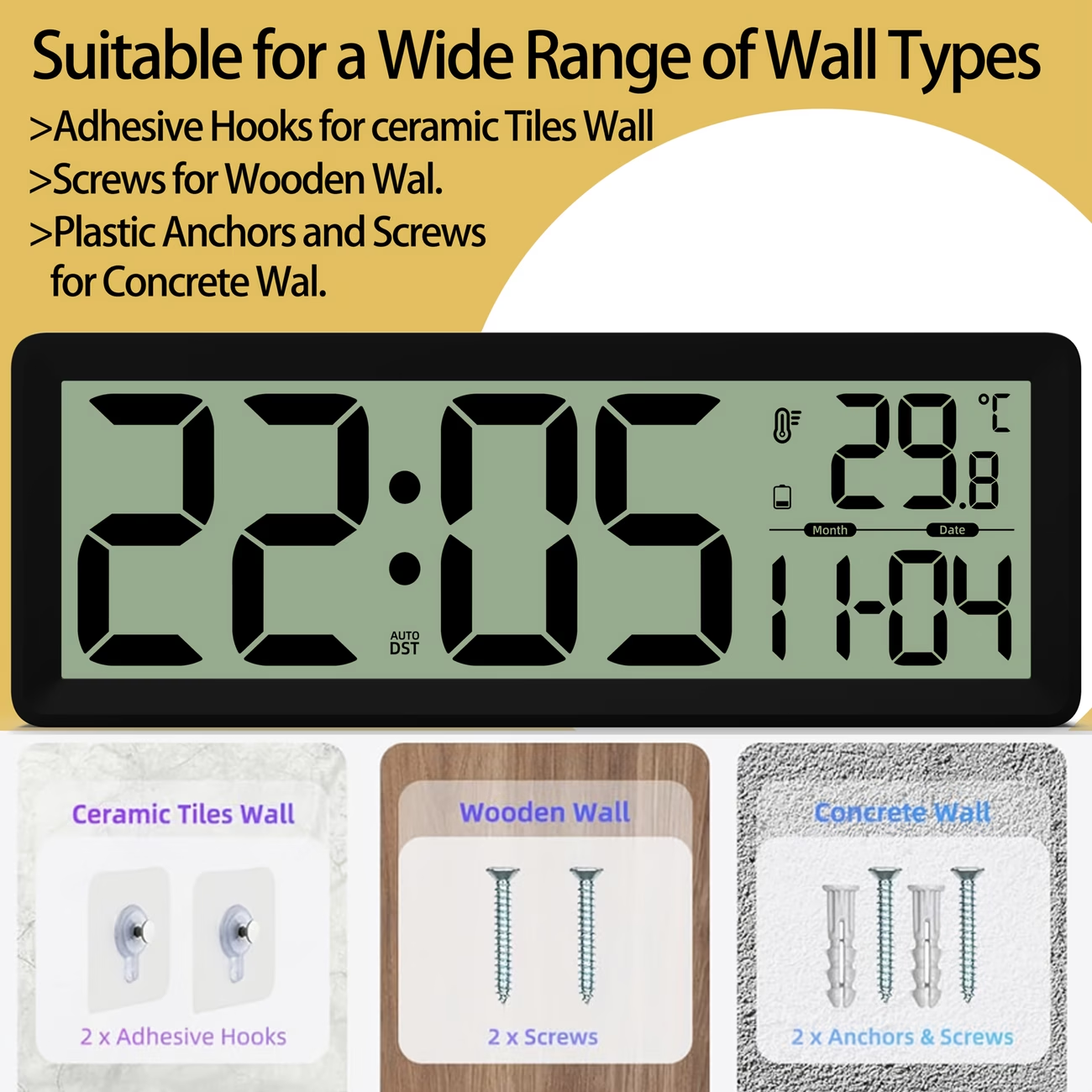 Large digital wall clock with temperature, date, and daylight saving time display