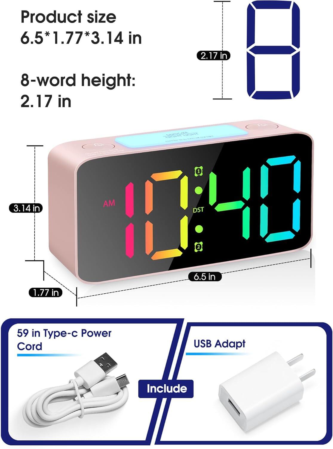 Digital clock with night light, adjustable volume, USB charger, small bedside clock for the bedroom