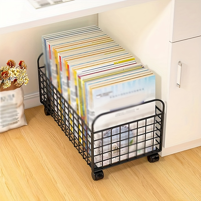 Durable metal bookshelf with mesh magazine basket and wheels; stackable.