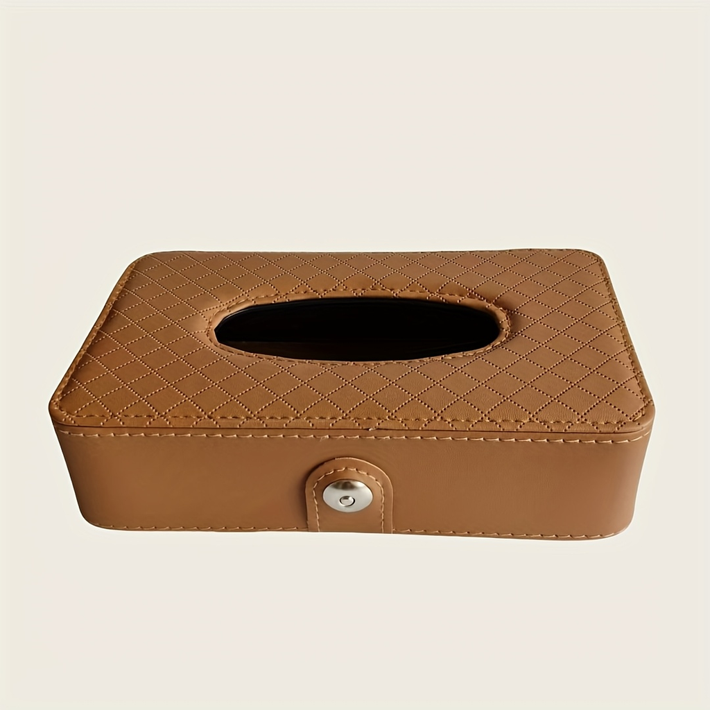 One car-mounted, grid-style tissue box with a hanging strap, made of PU leather.