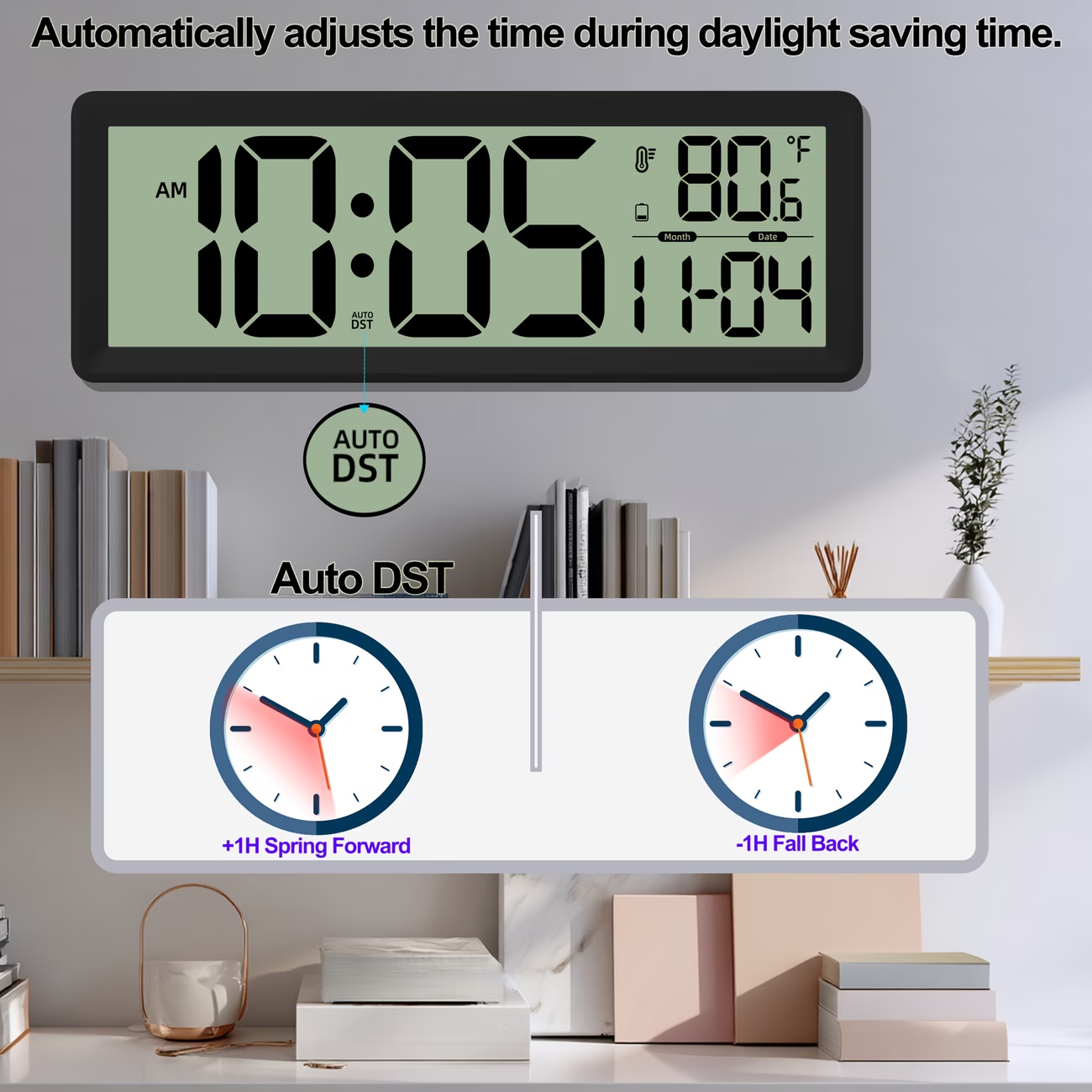 Large digital wall clock with temperature, date, and daylight saving time display