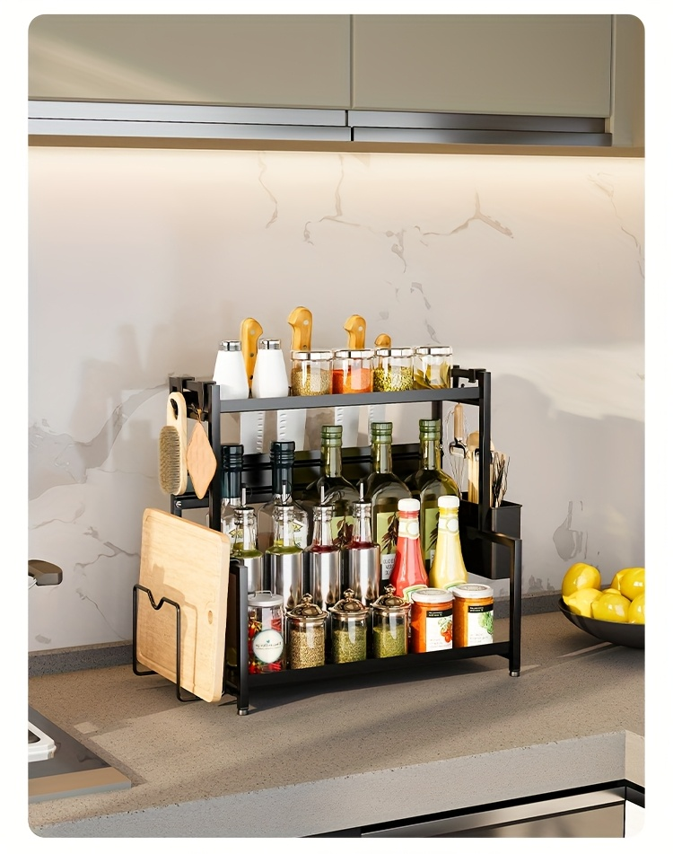 Double-layer carbon steel spice rack and storage rack with cutlery rack