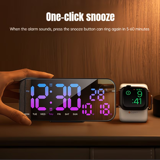 USB powered bedside square alarm clock, stylish and wall mounted, with three brightness levels