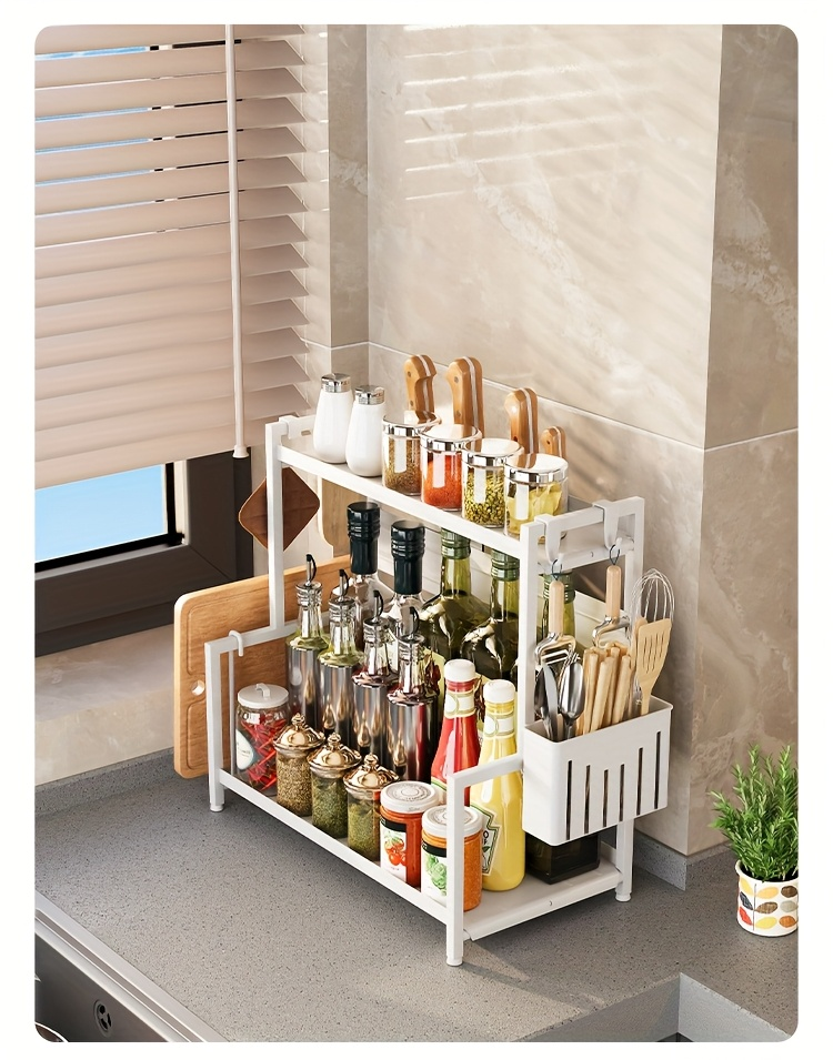 Double-layer carbon steel spice rack and storage rack with cutlery rack
