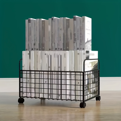 Durable metal bookshelf with mesh magazine basket and wheels; stackable.