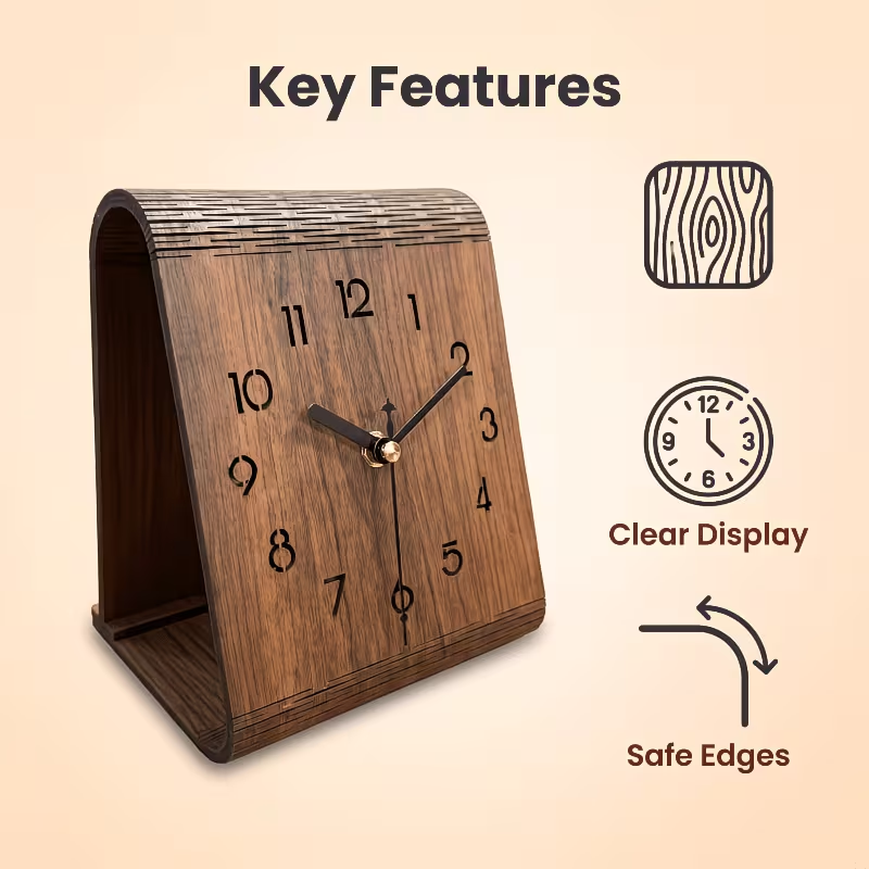 A minimalist wooden desktop clock, silent sweeping second-hand desktop clock, natural wood carving hollow out