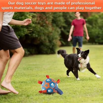 Large, thickened rubber dog soccer ball with tug-of-war straps and inflation tube.