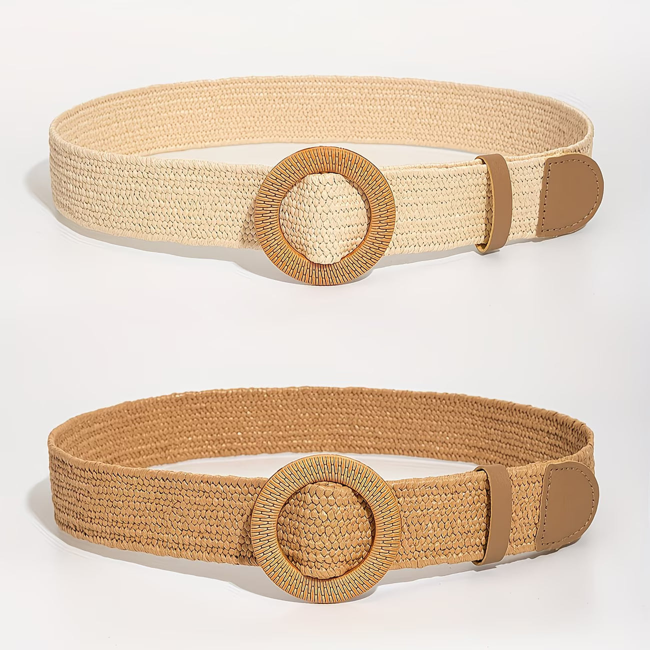 Two women's Spring/Summer Bohemian-Style Straw Belt with Round Buckle