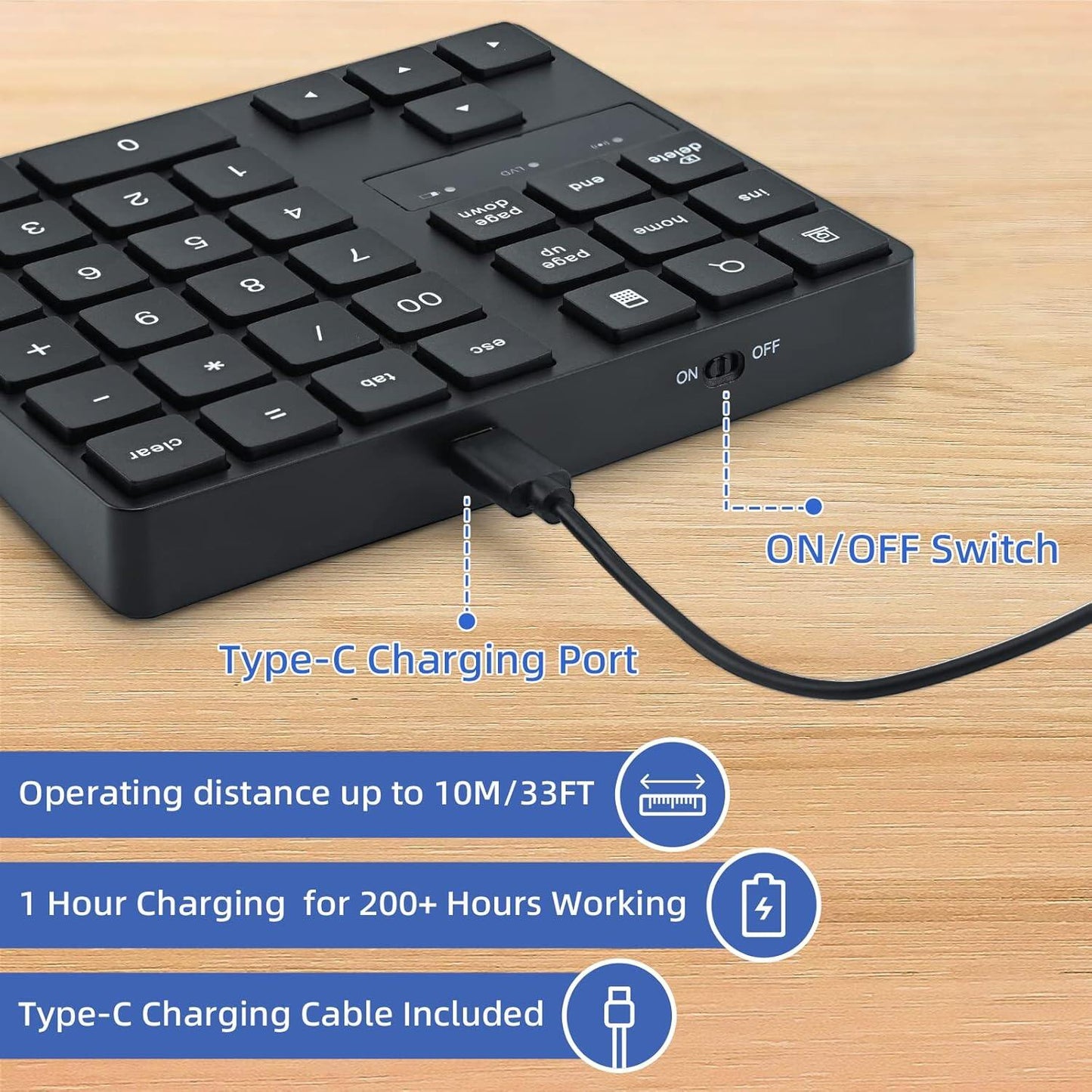 Wireless numeric keyboard, 2.4G rechargeable ultra quiet external numeric keyboard