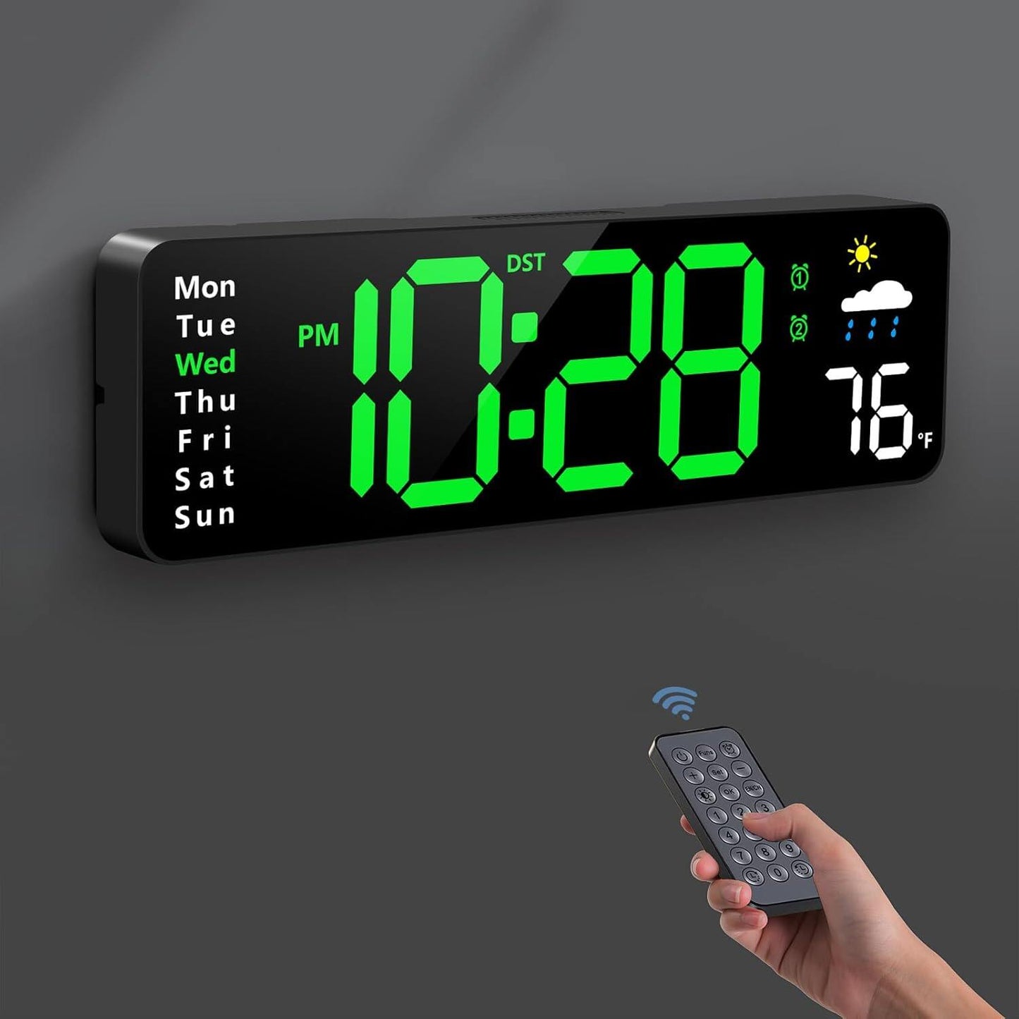 Digital wall clock, digital clock with remote control, large screen with date, week, temperature, humidity, automatic daylight saving time