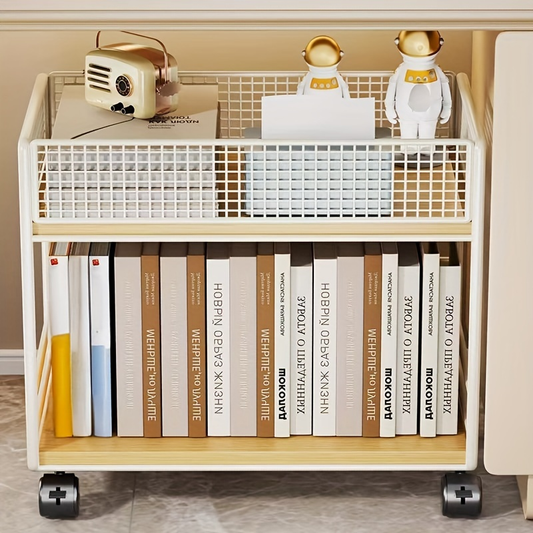 Multi-layer metal mesh bookshelf with wheels