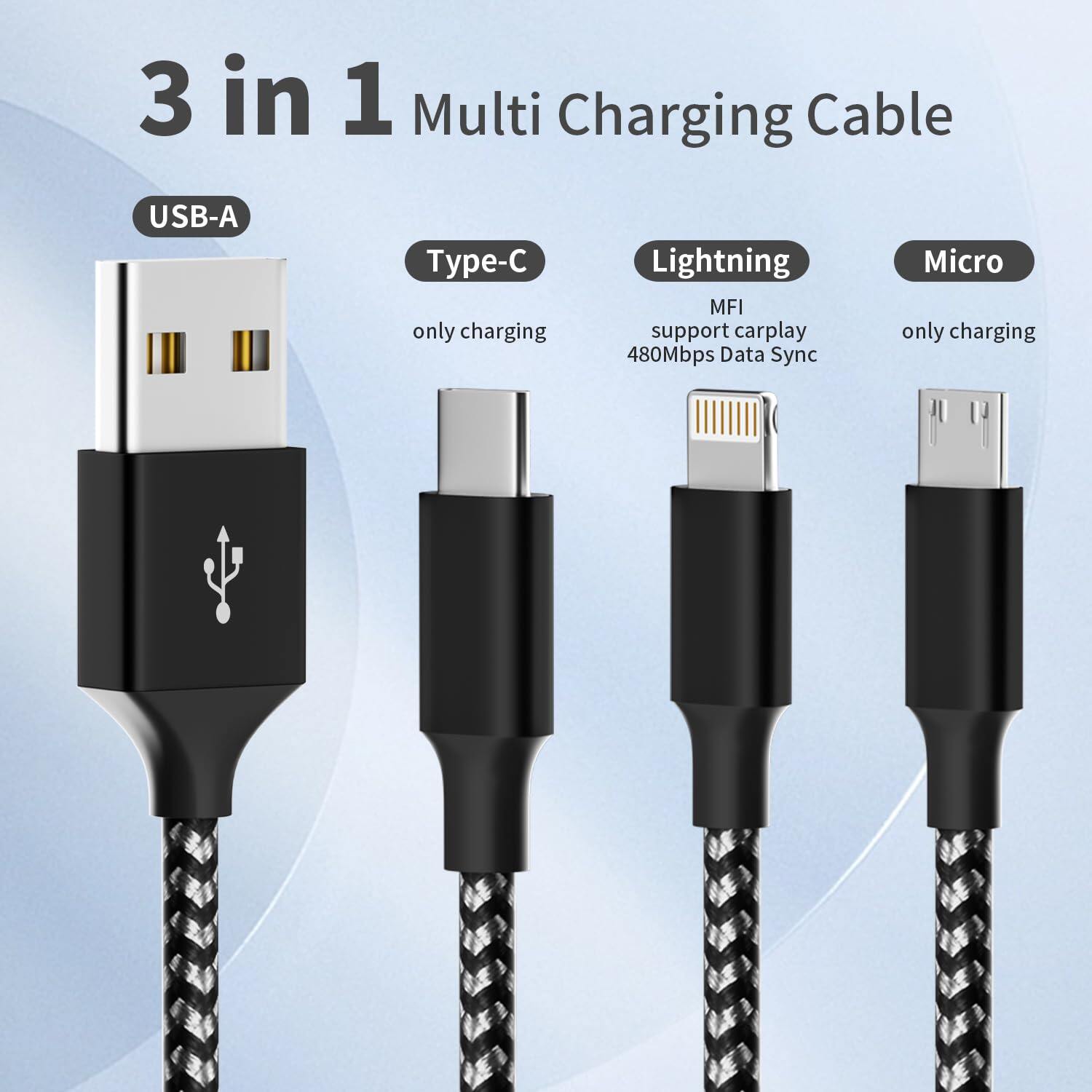 Multi functional charging cable, (2 packs of 4FT) 3-in-1 charging cable, suitable for various devices, nylon braided